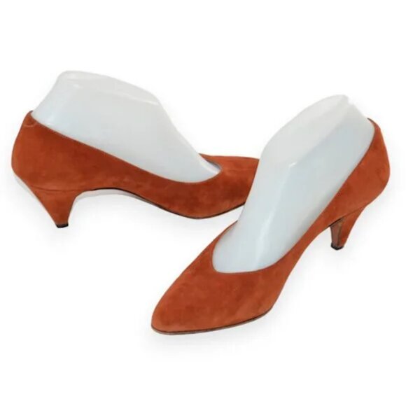 Vintage Italian Suede Leather Copper Rust Burnt Orange Pumps Cone Heels Pumps 7 - Picture 5 of 9